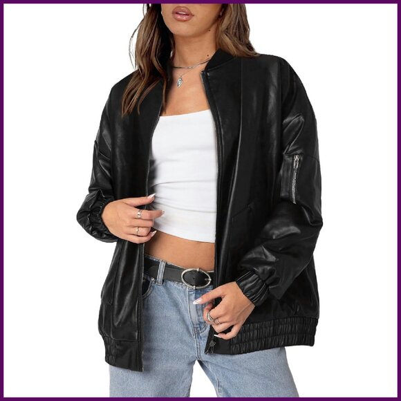 Oversized Faux Leather Motorcycle Jacket Bomber Coat Zip Up